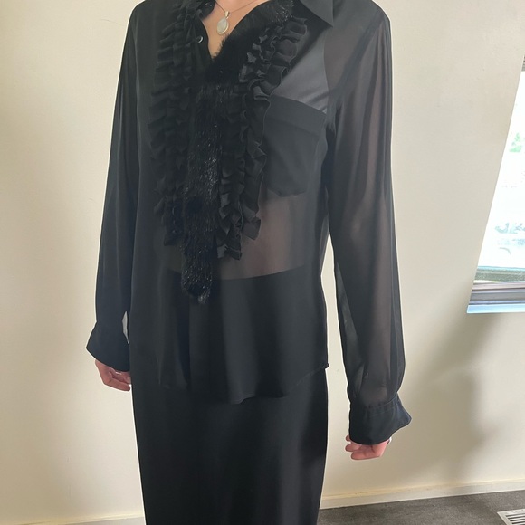 Comme des Garçons black sheer blouse with ruffle and faux fur detail - Picture 3 of 3